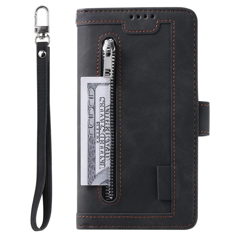For Samsung Galaxy A35 5G PU Leather Case Wristlet Zipper 9 Card Holder Phone Cover - Black