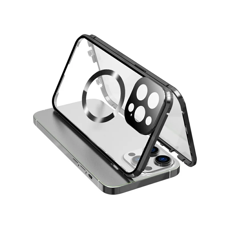 For iPhone 14 Pro Max Clear Phone Case Tempered Glass Full Protection Magnetic Adsorption Cover - Black