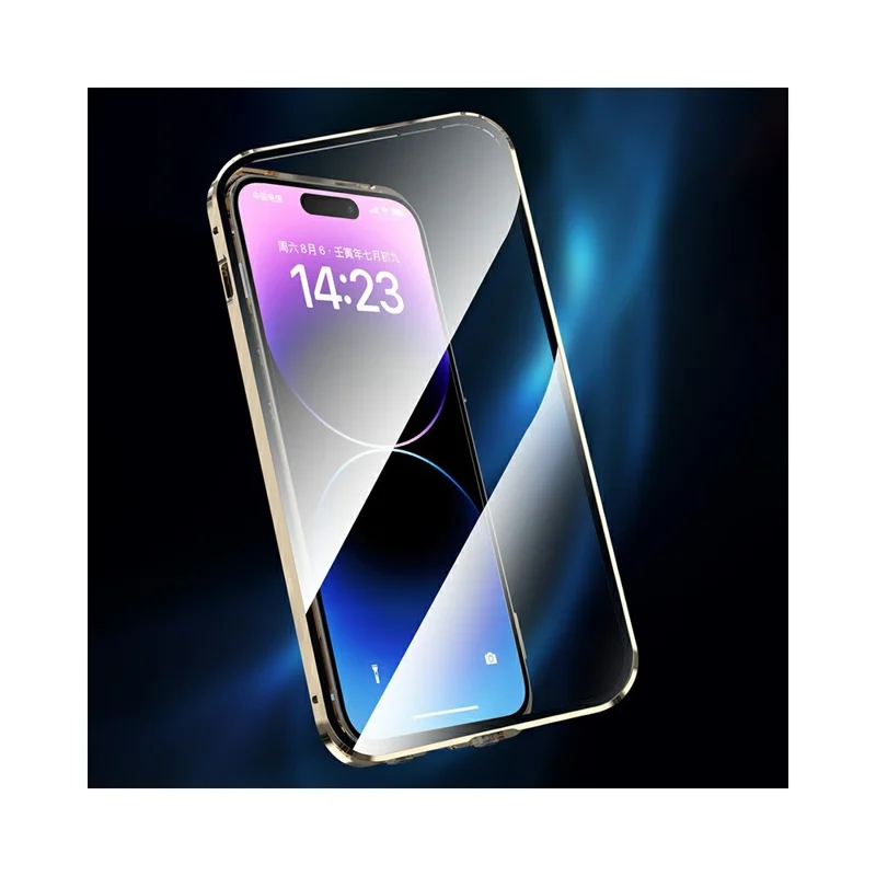 For iPhone 14 Pro Max Clear Phone Case Tempered Glass Full Protection Magnetic Adsorption Cover - Gold