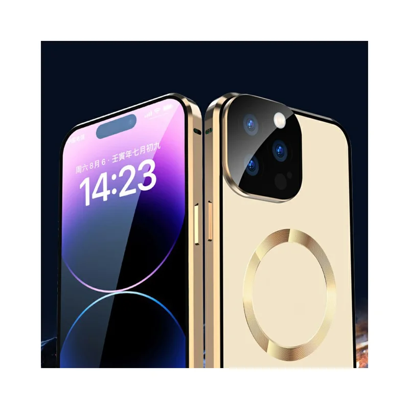 For iPhone 14 Pro Max Clear Phone Case Tempered Glass Full Protection Magnetic Adsorption Cover - Gold