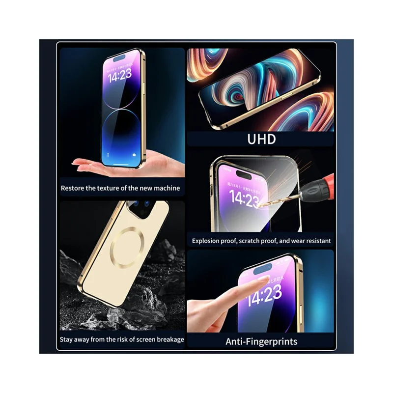 For iPhone 14 Pro Max Clear Phone Case Tempered Glass Full Protection Magnetic Adsorption Cover - Gold