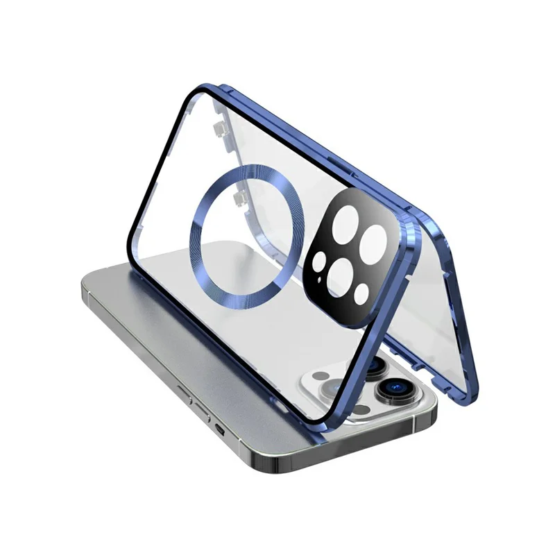 Case for iPhone 13 Pro Max Tempered Glass+Magnetic Adsorption Metal Phone Cover with Safety Lock - Dark Blue