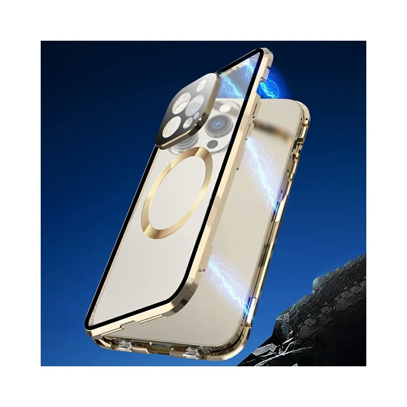 Case for iPhone 13 Pro Max Tempered Glass+Magnetic Adsorption Metal Phone Cover with Safety Lock - Dark Blue