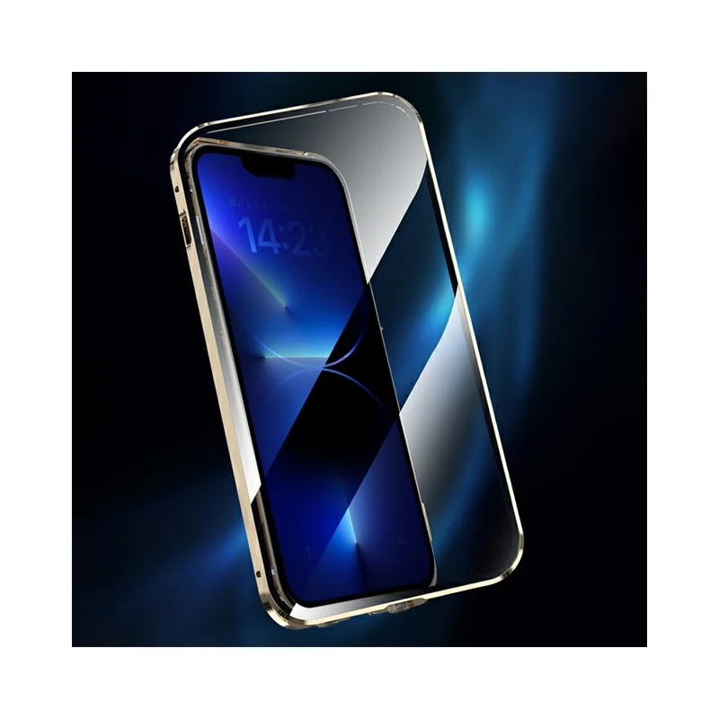 Case for iPhone 13 Pro Max Tempered Glass+Magnetic Adsorption Metal Phone Cover with Safety Lock - Dark Blue