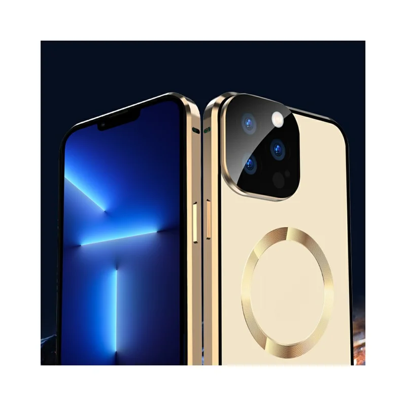 Case for iPhone 13 Pro Max Tempered Glass+Magnetic Adsorption Metal Phone Cover with Safety Lock - Dark Blue