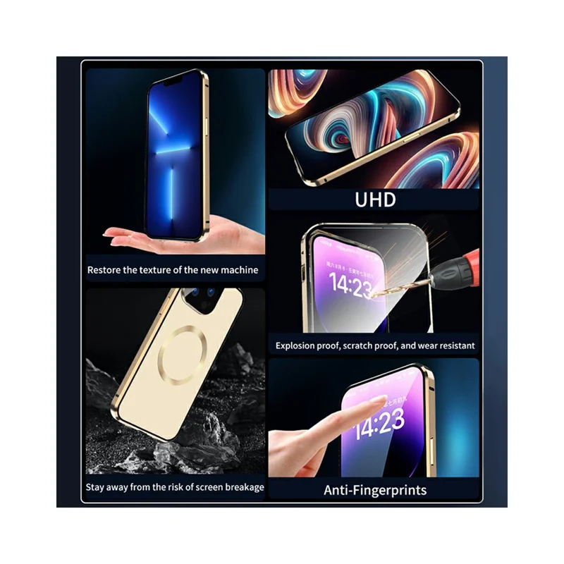 Case for iPhone 13 Pro Max Tempered Glass+Magnetic Adsorption Metal Phone Cover with Safety Lock - Dark Blue