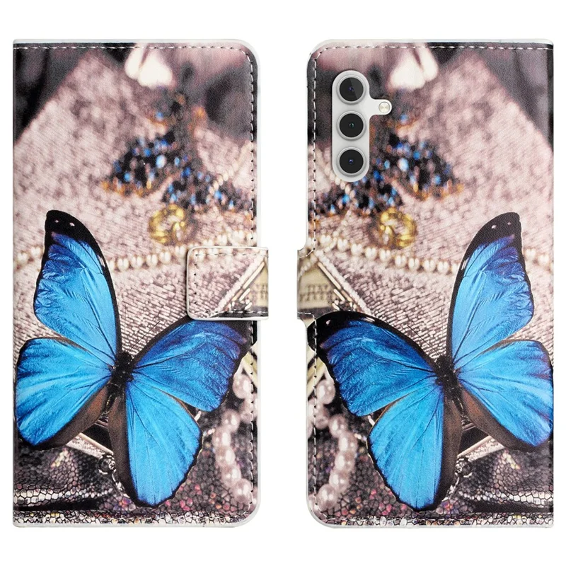 For Samsung Galaxy A55 5G Printed Protective Case Leather Phone Stand Cover - Blue Butterfly