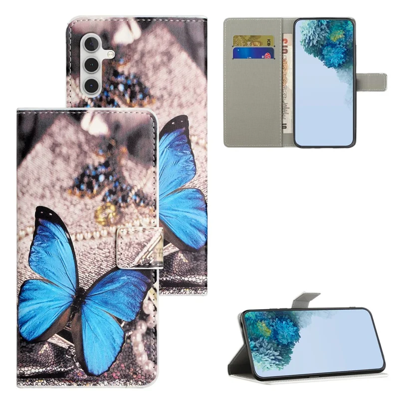 For Samsung Galaxy A55 5G Printed Protective Case Leather Phone Stand Cover - Blue Butterfly