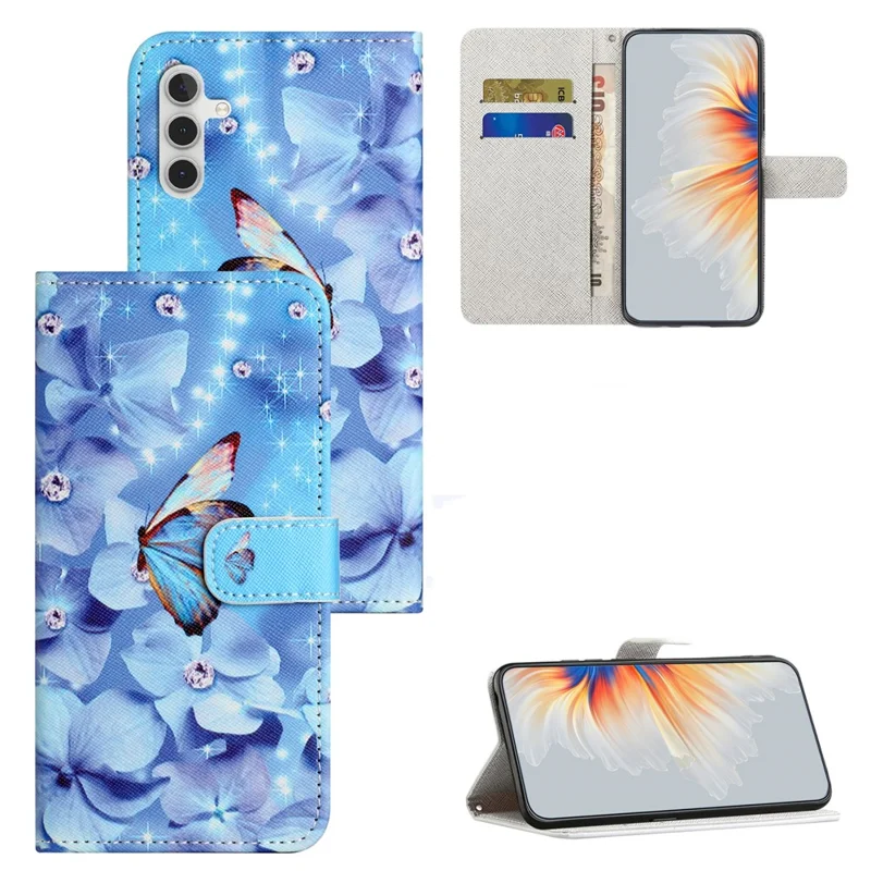 Para Samsung Galaxy A55 5G Protective Case 3D Crosshatch Capa de Carteira de Couro PU - Flor e Borboleta