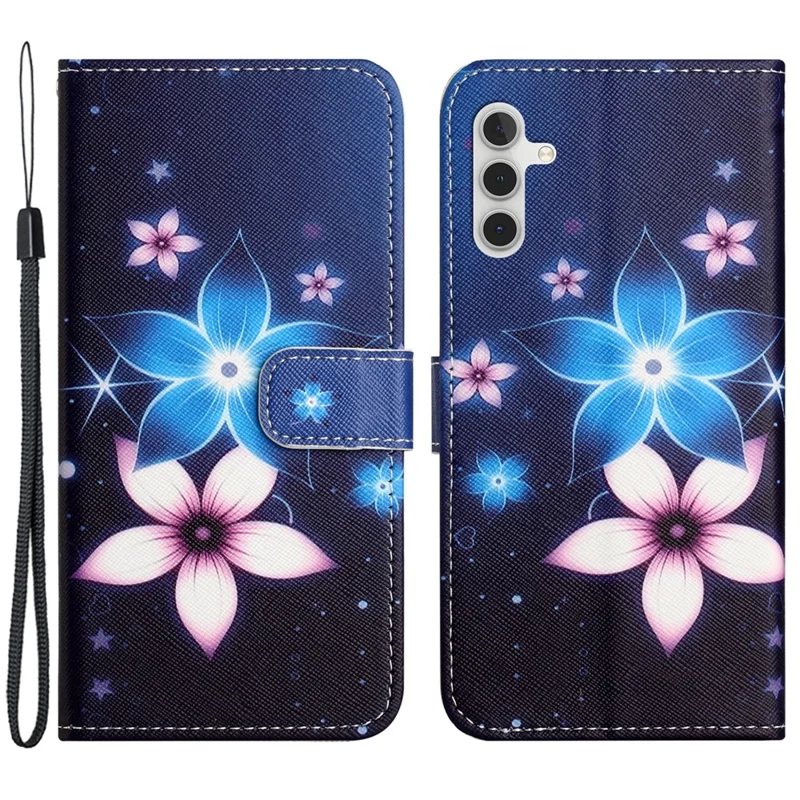 For Samsung Galaxy A55 5G Protective Case 3D Crosshatch PU Leather Wallet Cover - Blue Flower
