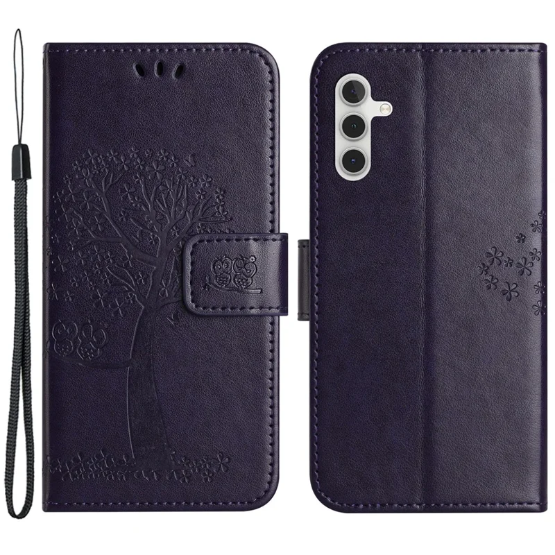 For Samsung Galaxy A55 5G Case Imprint Tree Owl Pattern Leather Phone Cover - Dark Purple