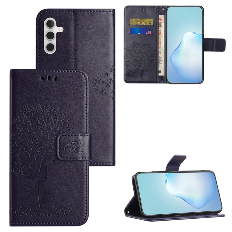 For Samsung Galaxy A55 5G Case Imprint Tree Owl Pattern Leather Phone Cover - Dark Purple