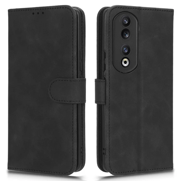For Honor 90 Skin-Feel Flip Leather Case com Cordão - Preto
