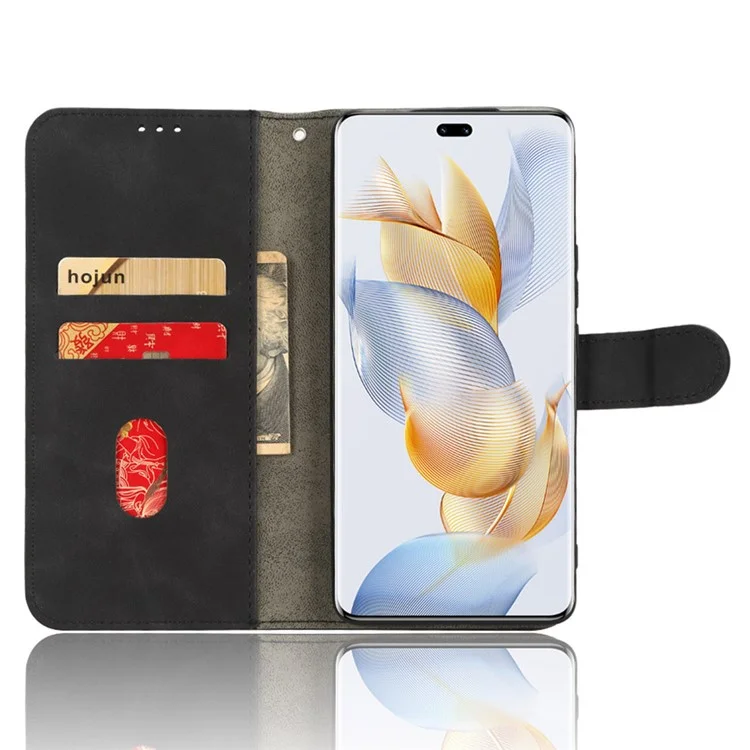 For Honor 90 Skin-Feel Flip Leather Case com Cordão - Preto