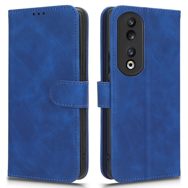 For Honor 90 Skin-Feel Flip Leather Case with Lanyard - Blue