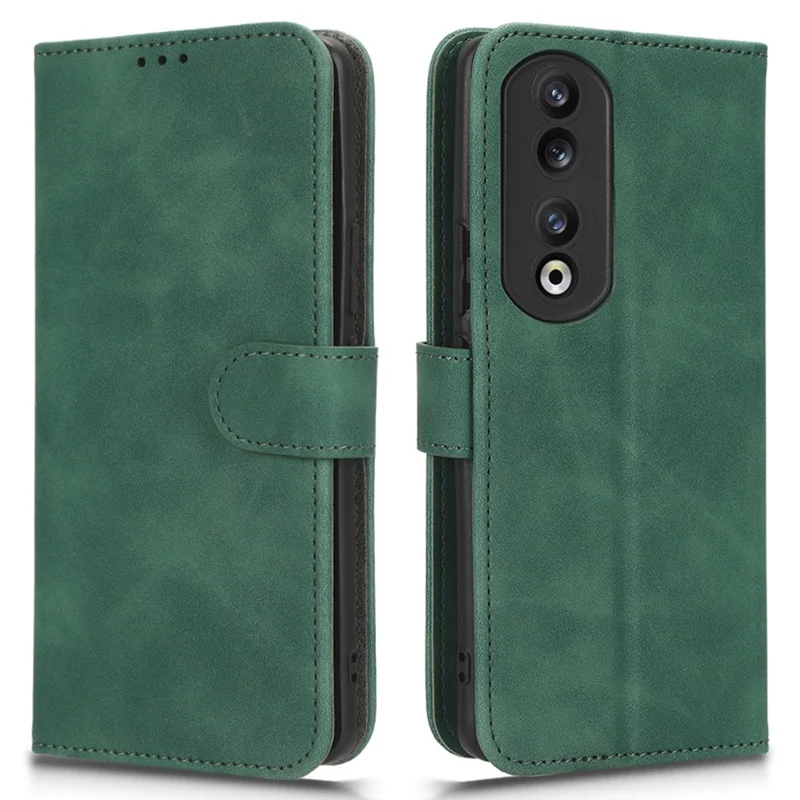 For Honor 90 Skin-Feel Flip Leather Case with Lanyard - Green