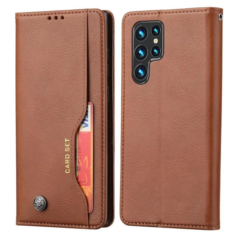 For Samsung Galaxy S24 Ultra Cell Phone Case Magnetic Closing PU Leather Stand Cover - Light Brown