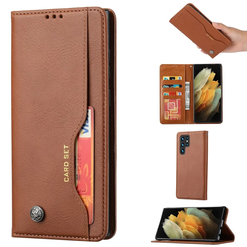For Samsung Galaxy S24 Ultra Cell Phone Case Magnetic Closing PU Leather Stand Cover - Light Brown