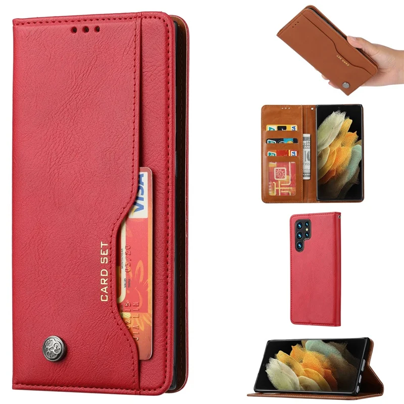 For Samsung Galaxy S24 Ultra Cell Phone Case Magnetic Closing PU Leather Stand Cover - Red