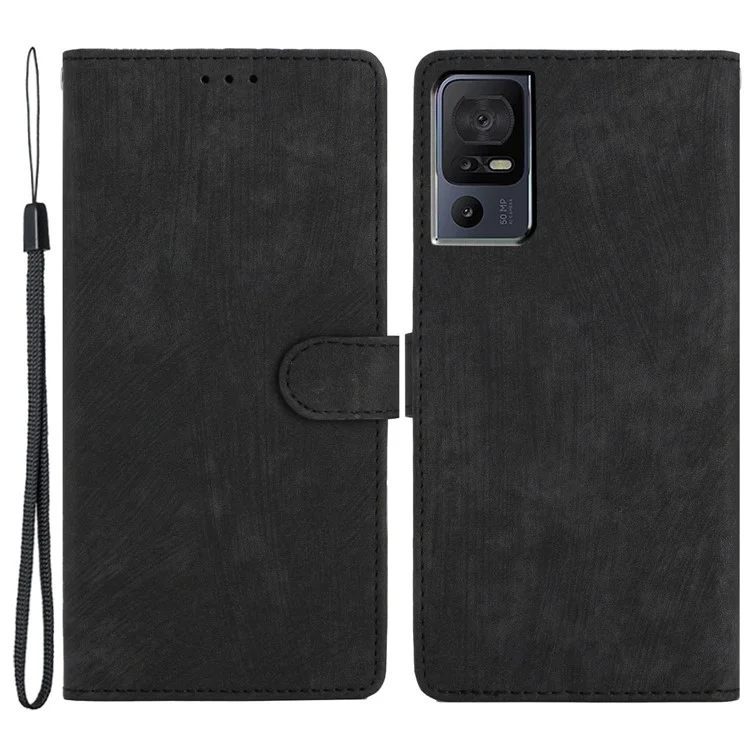 Para Capa TCL 40 SE com Alça de Pulso Pele de Toque de Pele Carteira Capa de Telefone - Preto