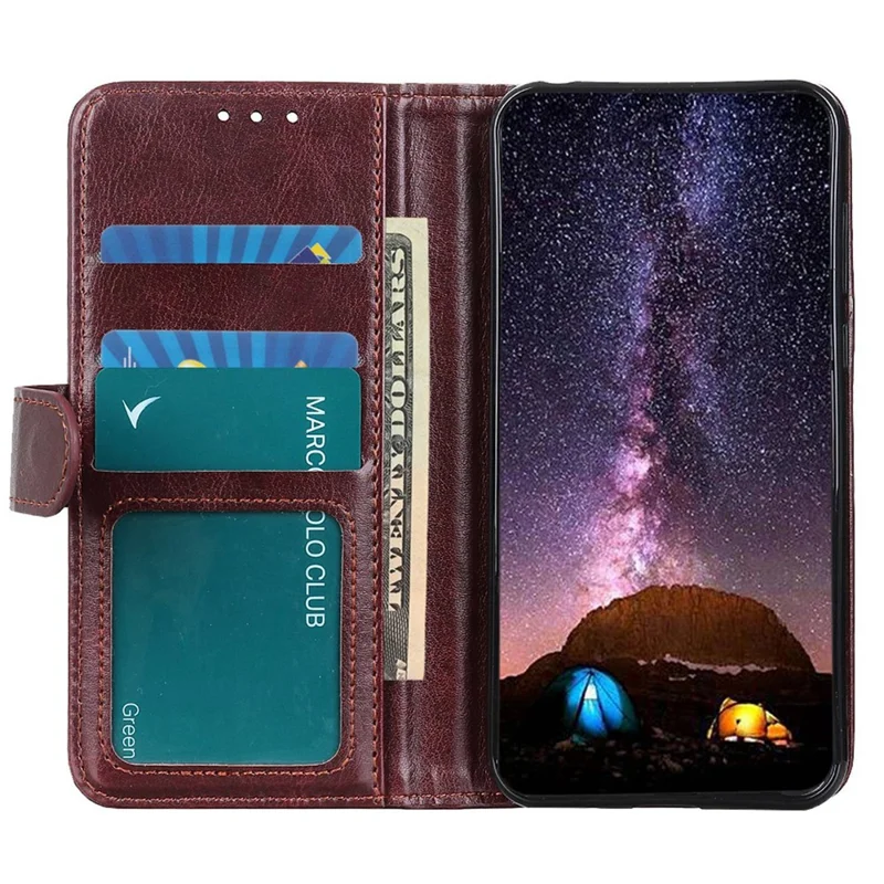 For Samsung Galaxy A55 5G Case Anti-Scratch Crazy Horse Texture PU Leather Phone Stand Cover - Brown