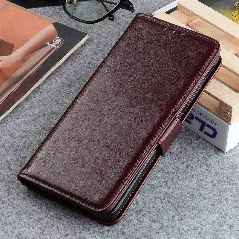 For Samsung Galaxy A55 5G Case Anti-Scratch Crazy Horse Texture PU Leather Phone Stand Cover - Brown