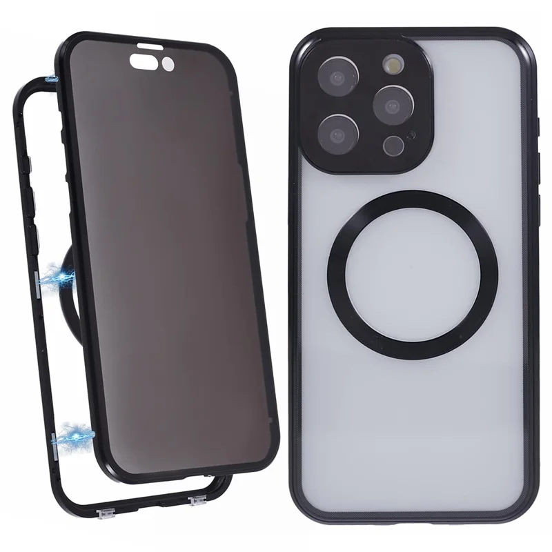 For iPhone 13 Pro Max Magnetic Case Anti-Spy Tempered Glass Double-Sided Phone Cover - Black