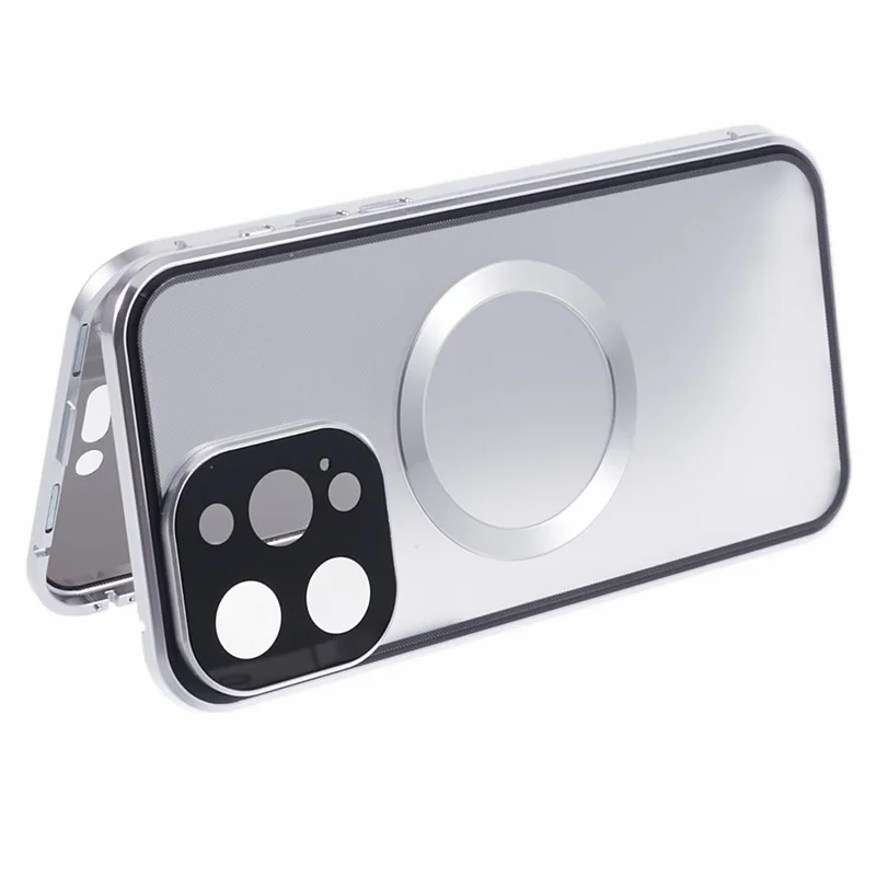 For iPhone 13 Pro Max Magnetic Case Anti-Spy Tempered Glass Double-Sided Phone Cover - Silver