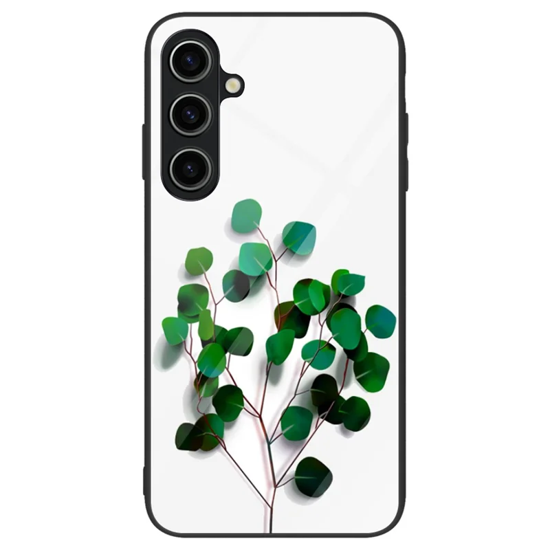 For Samsung Galaxy A55 5G Cell Phone Case Drop-proof TPU+PC+Tempered Glass Printed Pattern Cover - Green Leaves