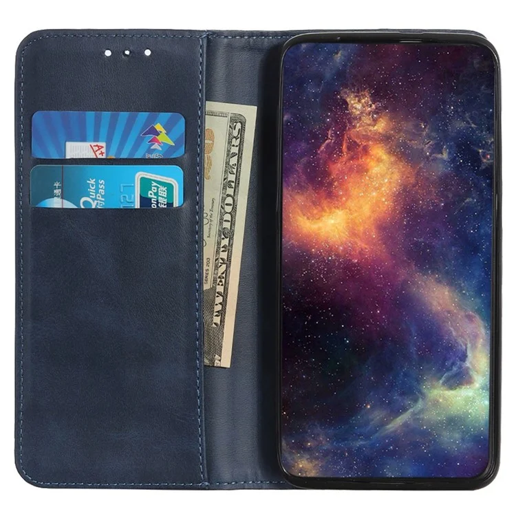 For Samsung Galaxy A55 5G Split Leather Magnetic Phone Case Cowhide Texture Wallet Cover - Blue