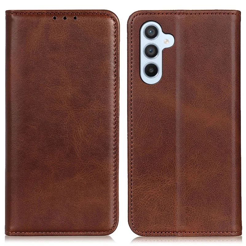 For Samsung Galaxy A55 5G Split Leather Magnetic Phone Case Cowhide Texture Wallet Cover - Coffee