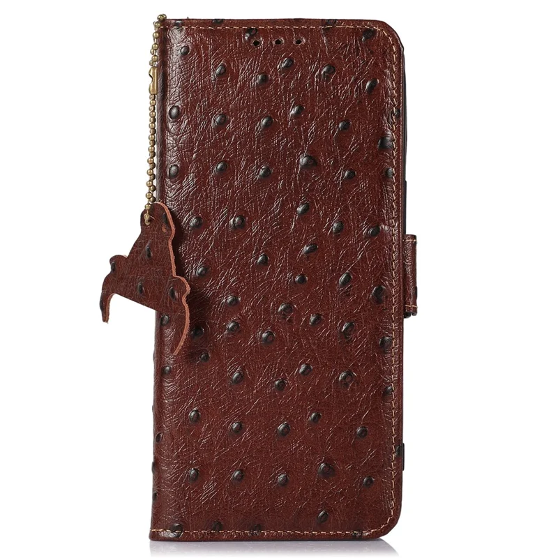 For Xiaomi Poco C65 4G / Redmi 13C Case Genuine Cow Leather Ostrich Texture Phone Cover - Coffee