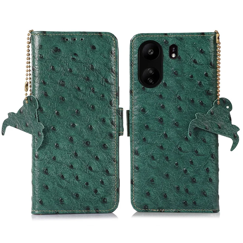 For Xiaomi Poco C65 4G / Redmi 13C Case Genuine Cow Leather Ostrich Texture Phone Cover - Green