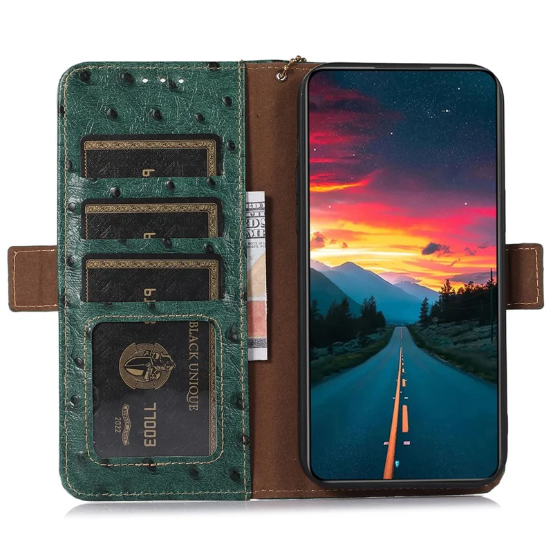 For Xiaomi Poco C65 4G / Redmi 13C Case Genuine Cow Leather Ostrich Texture Phone Cover - Green