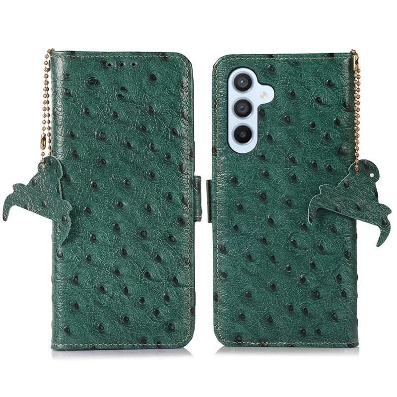 Per Samsung Galaxy A55 5G Ostrich Texture Phone Case RFID Blocking Genuine Cow Leather Cover - Verde