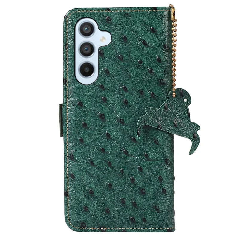 Per Samsung Galaxy A55 5G Ostrich Texture Phone Case RFID Blocking Genuine Cow Leather Cover - Verde