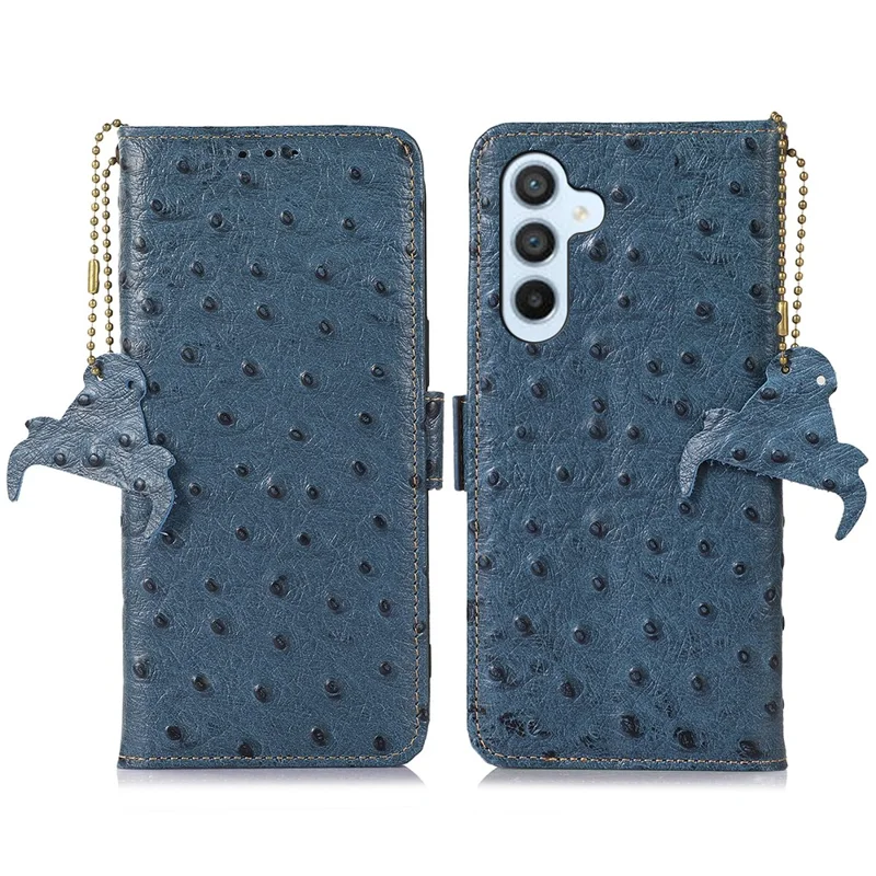 For Samsung Galaxy A55 5G Ostrich Texture Phone Case RFID Blocking Genuine Cow Leather Cover - Blue
