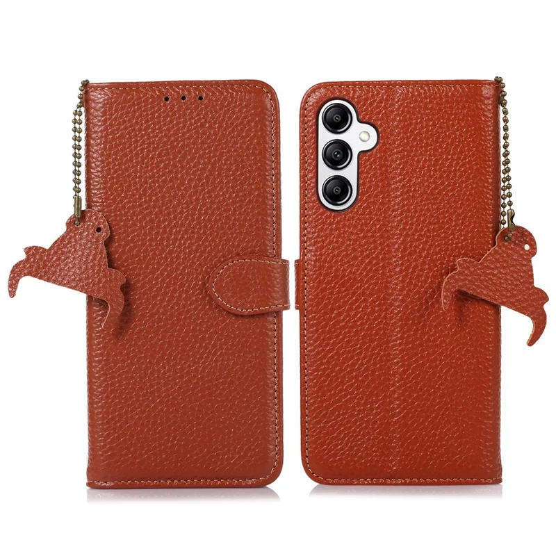 Для Samsung Galaxy A55 5G RFID Blocking Wallet Case Genuine Cow Leather Litchi Pattern Cover - Brown