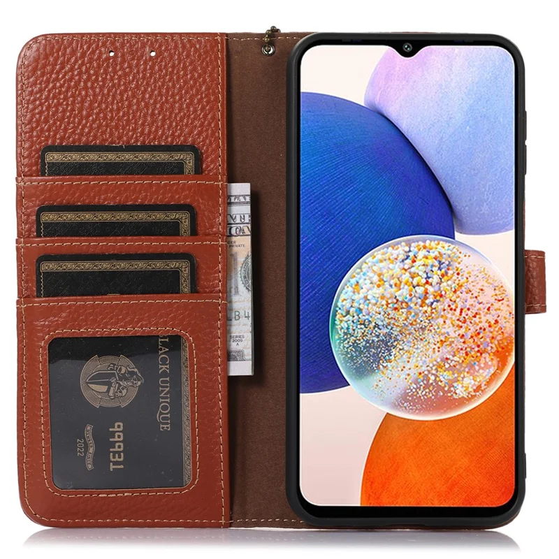 Для Samsung Galaxy A55 5G RFID Blocking Wallet Case Genuine Cow Leather Litchi Pattern Cover - Brown