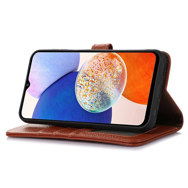 Для Samsung Galaxy A55 5G RFID Blocking Wallet Case Genuine Cow Leather Litchi Pattern Cover - Brown
