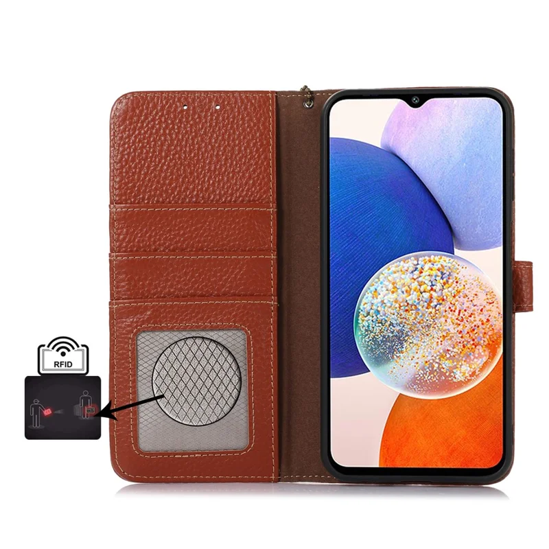 Для Samsung Galaxy A55 5G RFID Blocking Wallet Case Genuine Cow Leather Litchi Pattern Cover - Brown