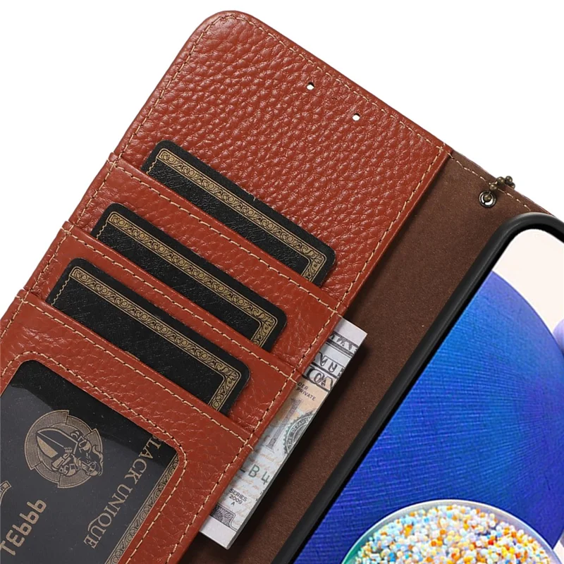Для Samsung Galaxy A55 5G RFID Blocking Wallet Case Genuine Cow Leather Litchi Pattern Cover - Brown