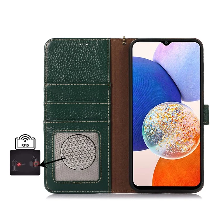 Para Samsung Galaxy A55 5G RFID Blocking Wallet Case Genuine Cow Leather Litchi Pattern Cover - Verde