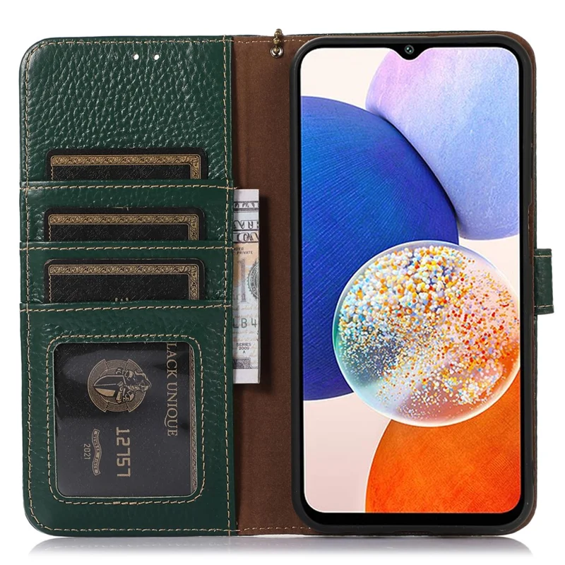 For Samsung Galaxy A25 5G (Global) (161.0 x 76.5 x 8.3mm) Genuine Cow Leather Phone Cover Lychee Texture Case - Green