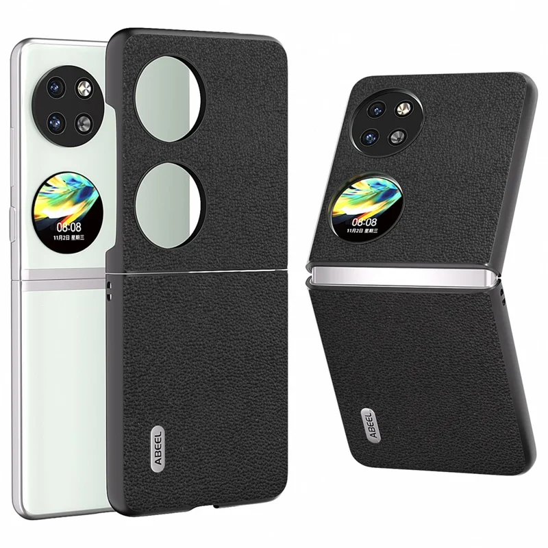 ABEEL For Huawei Pocket 2 Phone Case Genuine Cow Leather Flip Design Cover - Black
