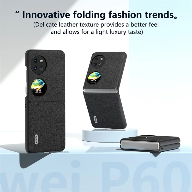 ABEEL For Huawei Pocket 2 Phone Case Genuine Cow Leather Flip Design Cover - Black