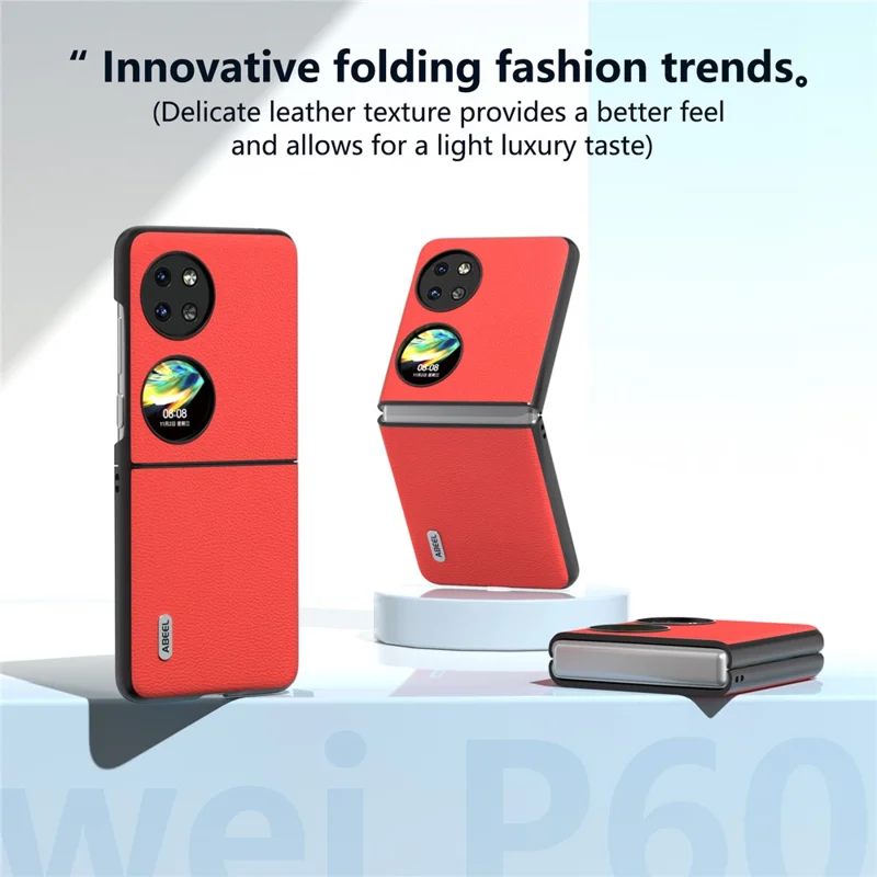 ABEEL For Huawei Pocket 2 Phone Case Genuine Cow Leather Flip Design Cover - Red