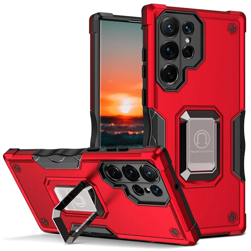 For Samsung Galaxy S24 Ultra Phone Case with Ring Holder Support Magnetic Car Mount - Red