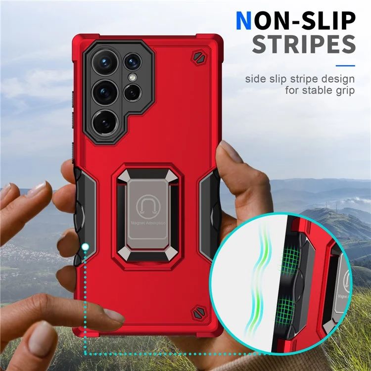 For Samsung Galaxy S24 Ultra Phone Case with Ring Holder Support Magnetic Car Mount - Red