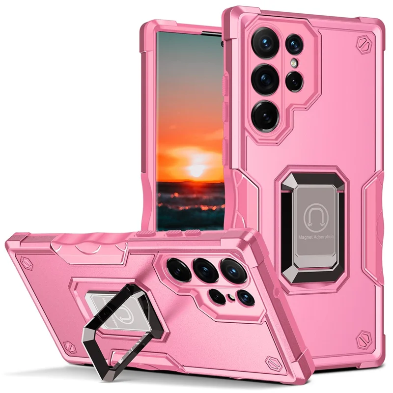 For Samsung Galaxy S24 Ultra Phone Case with Ring Holder Support Magnetic Car Mount - Pink